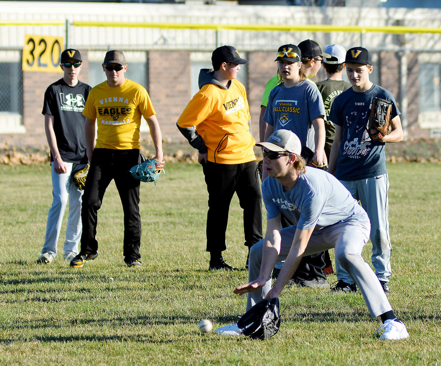 Sam Rowden fields a ground ball in the outfield at Vienna City Park during a recent practice session for Vienna Eagle baseball. Weather and field conditions permitting, they will host a four-team jamboree Friday night beginning at 4:30 p.m. Teams competing along with the host Eagles include Clopton’s Hawks, Iberia’s Rangers and Stoutland’s Tigers.